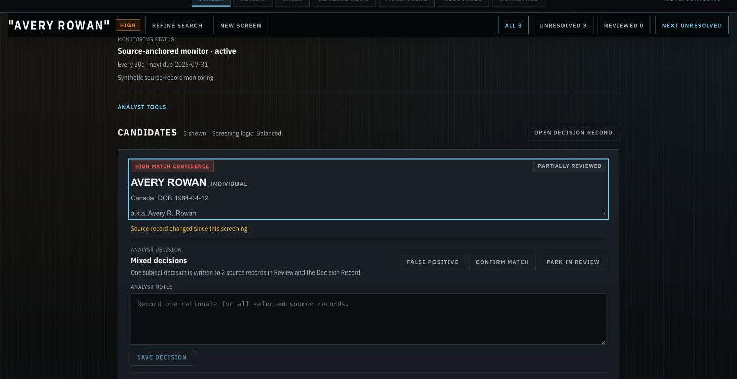 Altira screening workspace with synthetic candidate context and review controls.