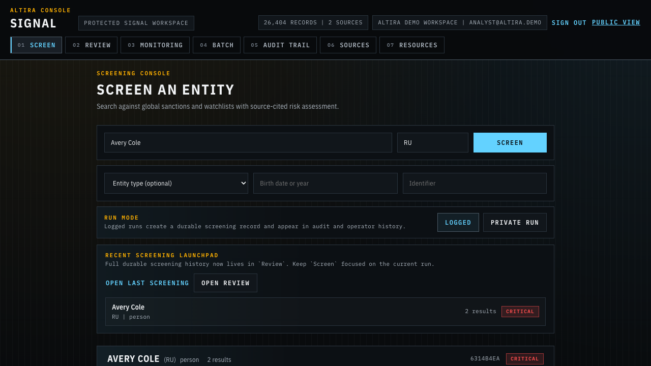 Signal private workspace showing a screening record with analyst review state and match context.